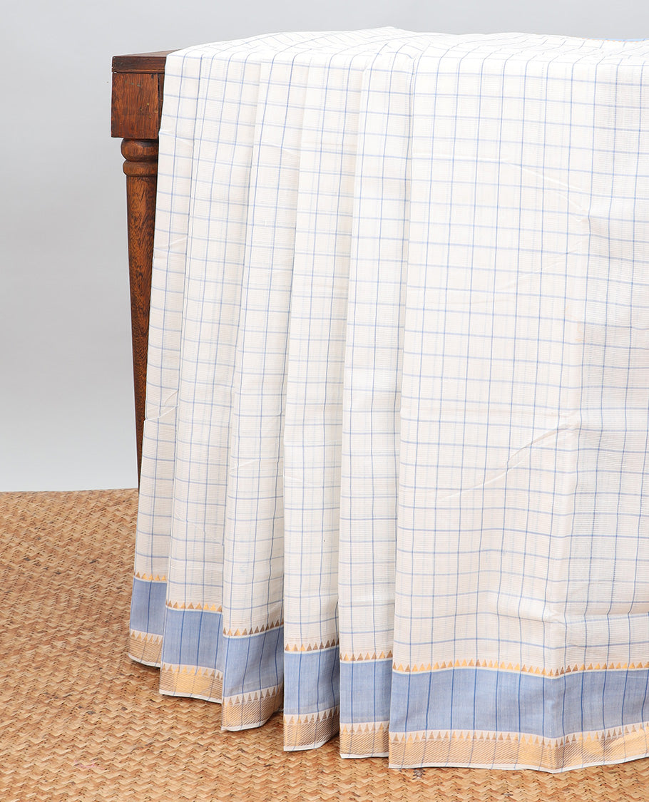 White checked mangalagiri cotton saree contrast striped, temple border & checked pallu