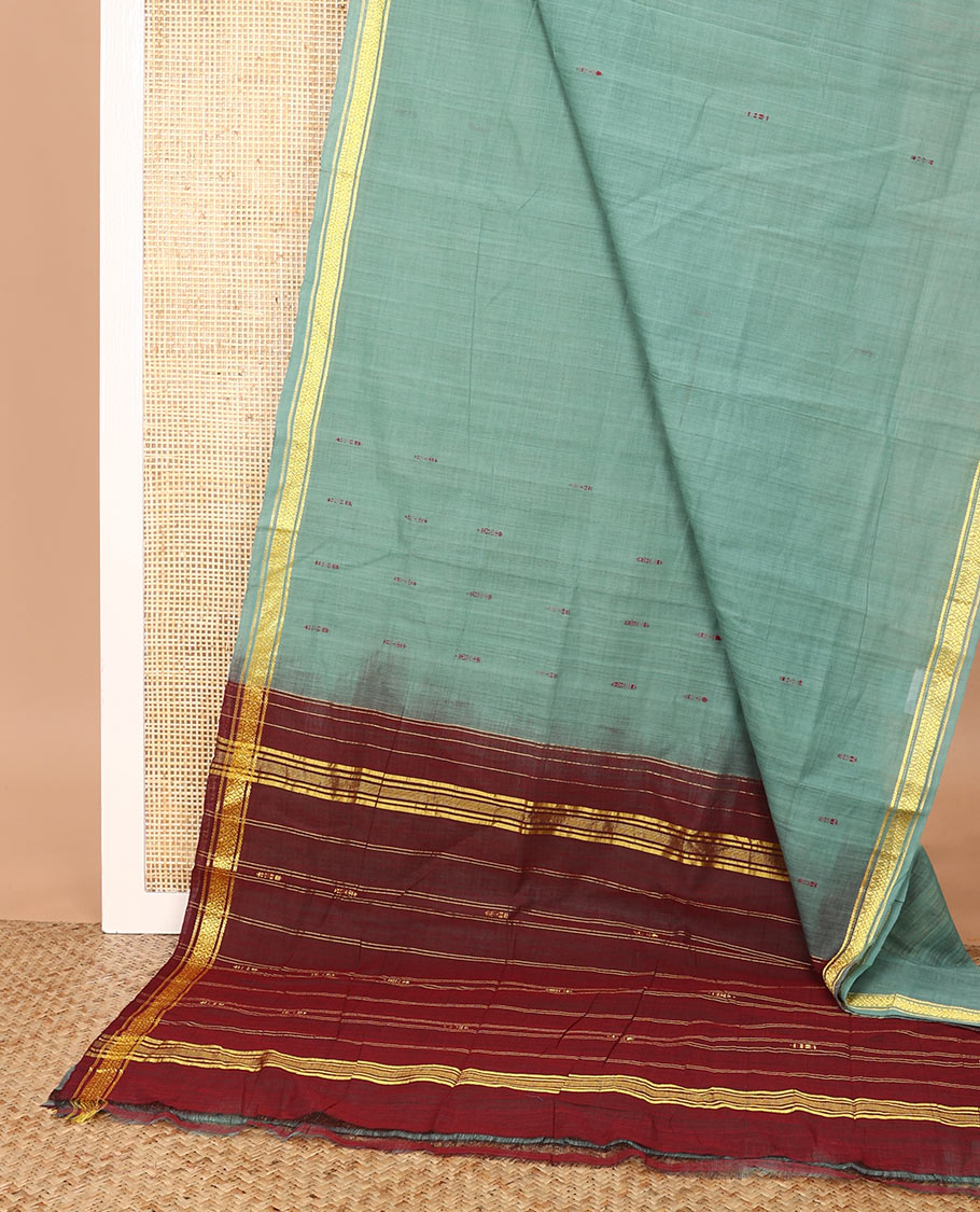 Green thread buttas Andhra cotton saree, zari border, and contrast pallu of zari stripes