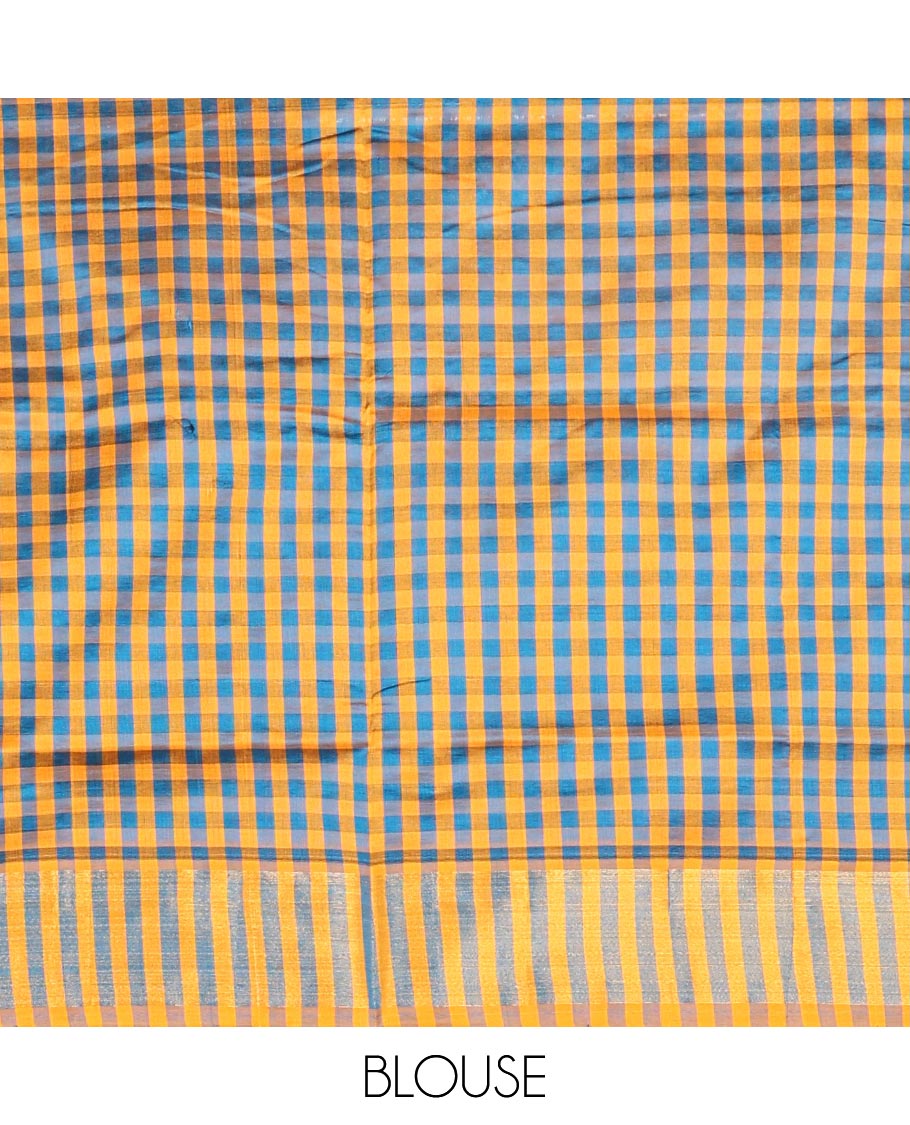 Blue Plain Poly Cotton Saree, Complemented by a Contrast Bavanji Zari Border, Checked Design Pallu, and Paired with a Contrast Blouse