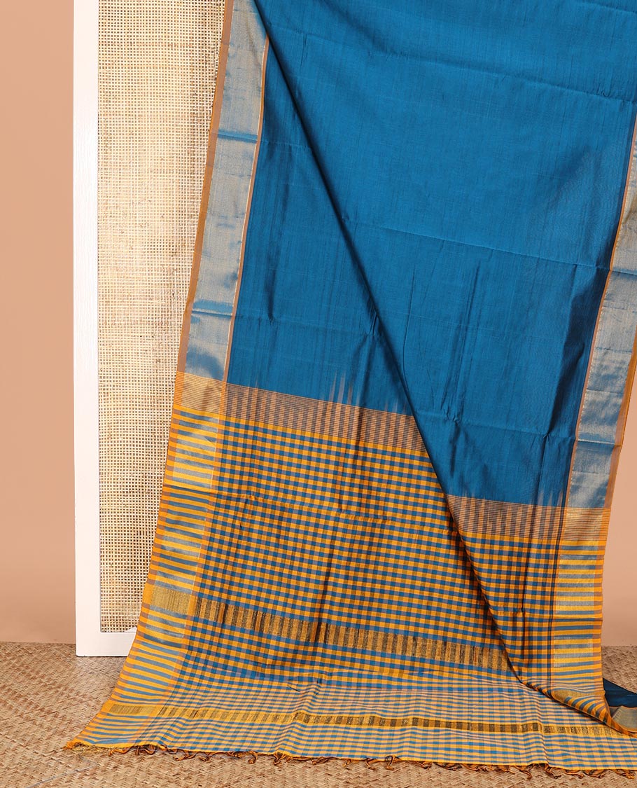 Blue Plain Poly Cotton Saree, Complemented by a Contrast Bavanji Zari Border, Checked Design Pallu, and Paired with a Contrast Blouse
