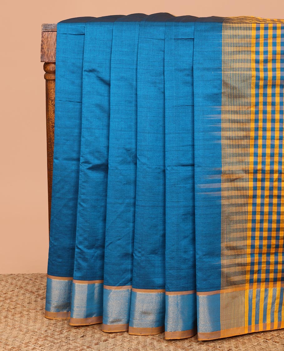 Blue Plain Poly Cotton Saree, Complemented by a Contrast Bavanji Zari Border, Checked Design Pallu, and Paired with a Contrast Blouse