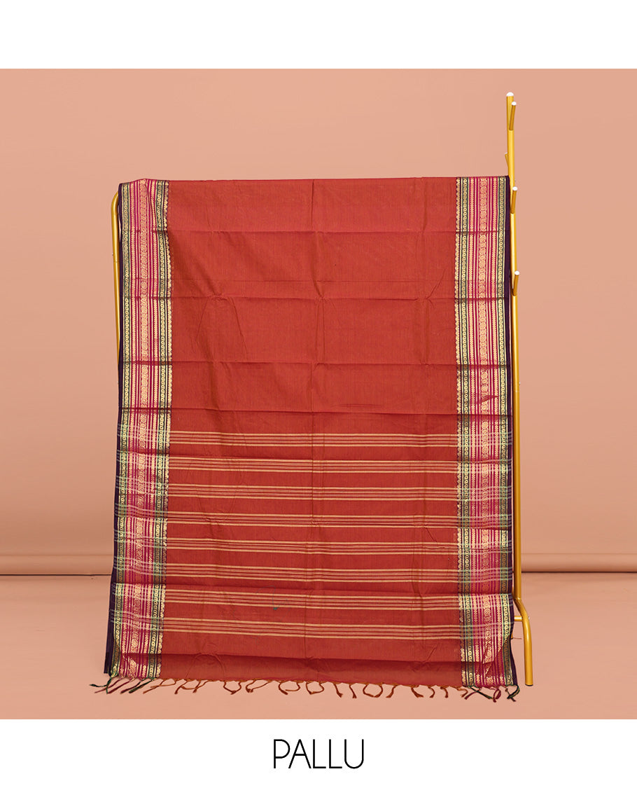 Orange Plain Chettinad Cotton Saree, Complemented by a Contrast Traditional Zari Design Border, Pallu of Stripes, and Paired with a Matching Blouse
