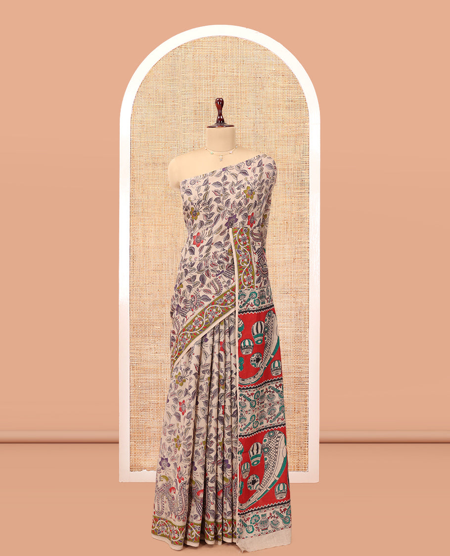 Multi-Color Kalamkari Cotton Saree, Adorned with Floral Vine Print, Contrast Printed Border, Pallu of Paisley and Music Instument Motifs, and a Matching Blouse