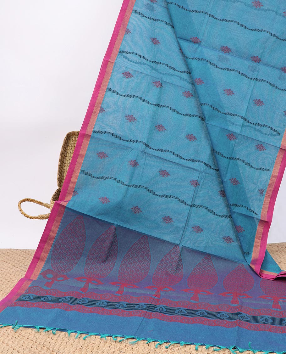 Blue buttas & stripes Coimbatore cotton saree, contrast plain border & tree motifs pallu