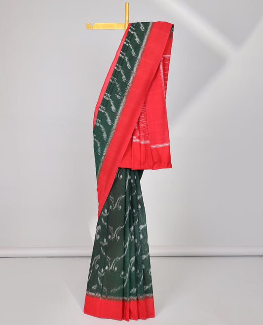 Green Vine design Ikkat Cotton Saree with contrast plain border & geometric design pallu