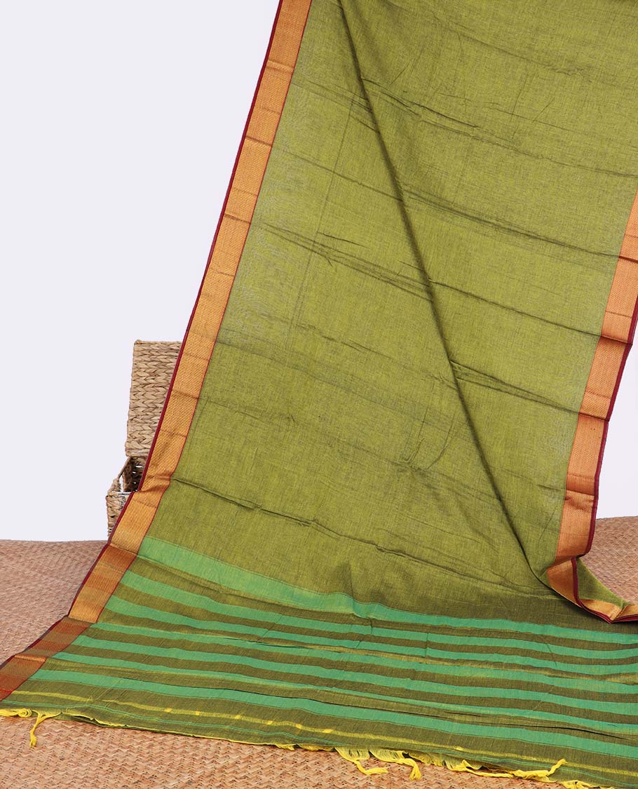 Green narayanapet cotton saree with contrast zari border & striped pallu
