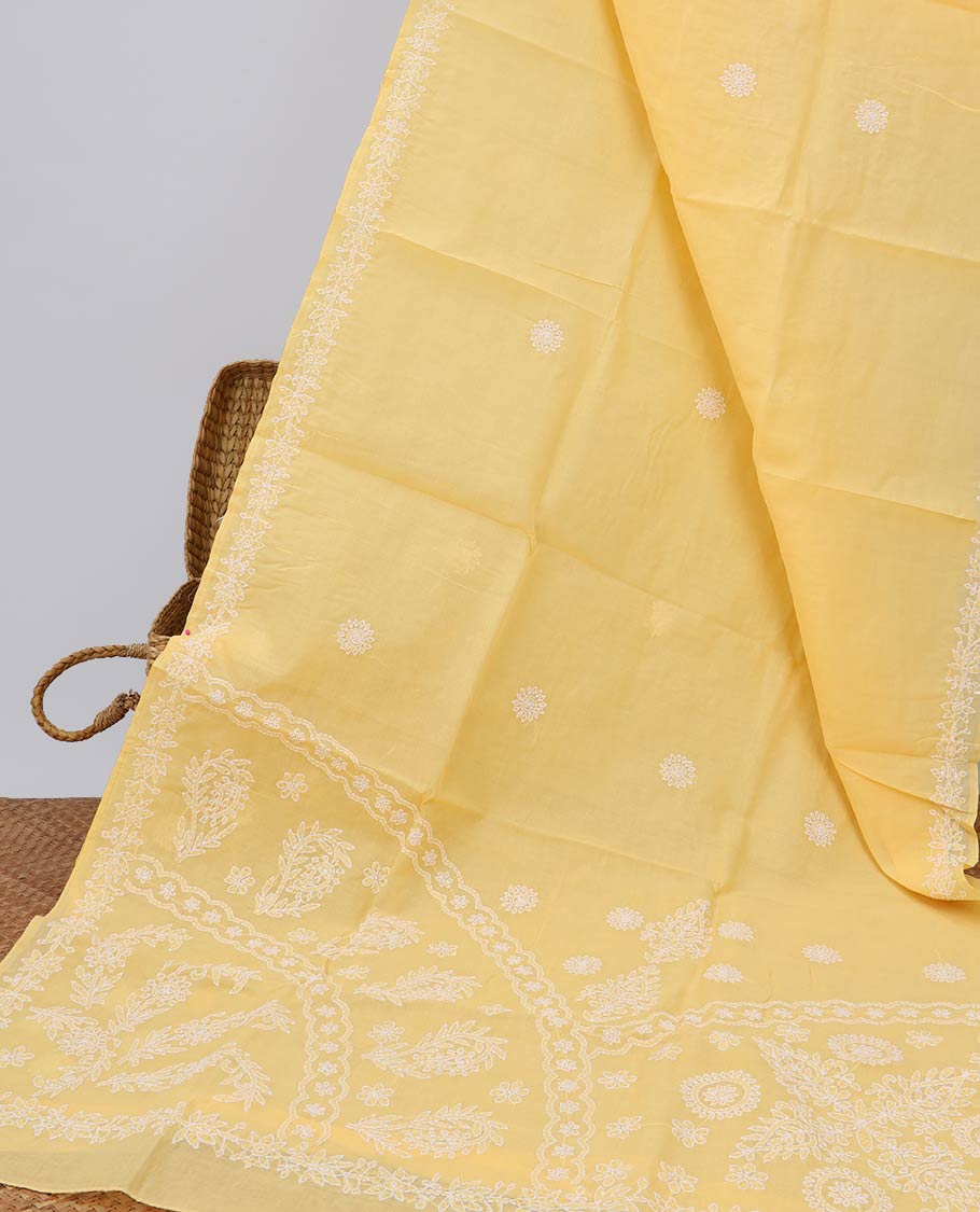 Yellow flower embroidery lucknowi chikankari cotton saree with leaf border & floral, paisleys embroidered pallu