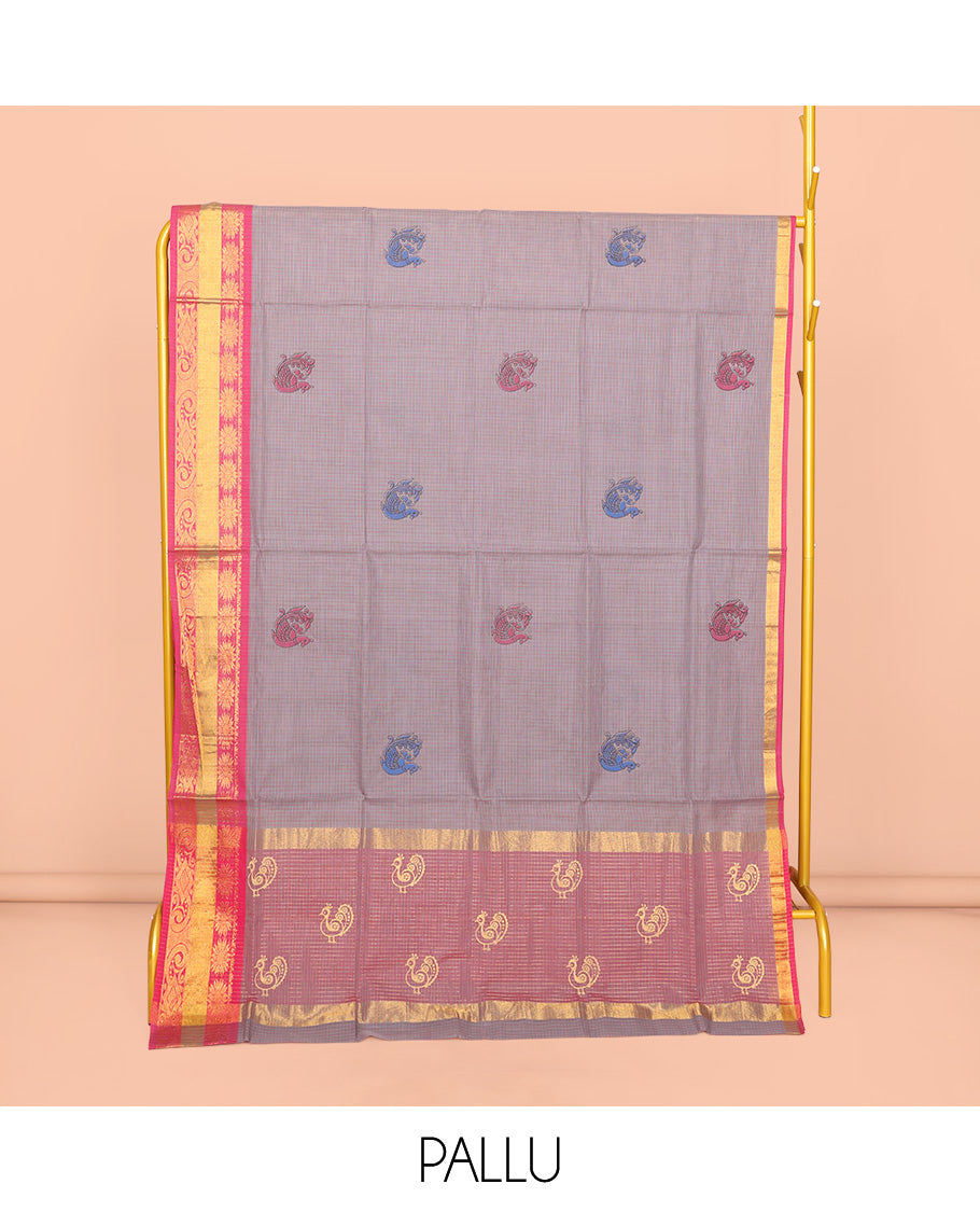 Grey Venkatagiri Cotton Saree, Delicately Printed with Peacock Buttas and Checks, a Contrast Traditional Zari Border, Pallu of Stripes, and No Blouse