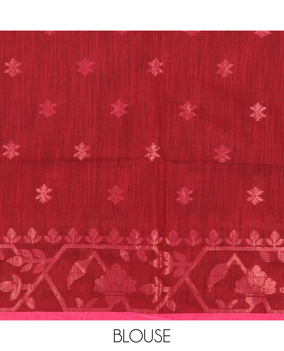 Carmine red zari buttas Kadhi cotton saree, paithani-style floral-theme zari woven border & paithani-style motifs zari woven pallu