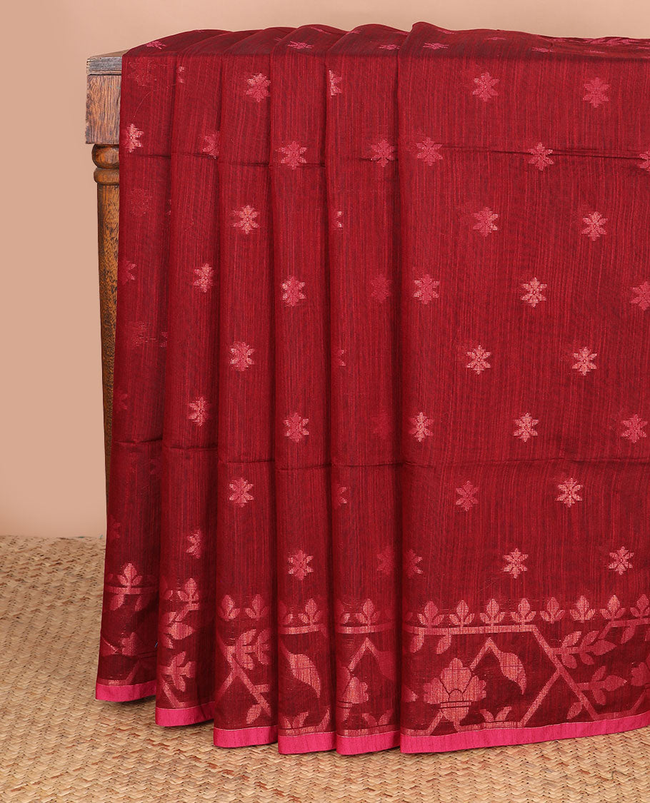 Carmine red zari buttas Kadhi cotton saree, paithani-style floral-theme zari woven border & paithani-style motifs zari woven pallu