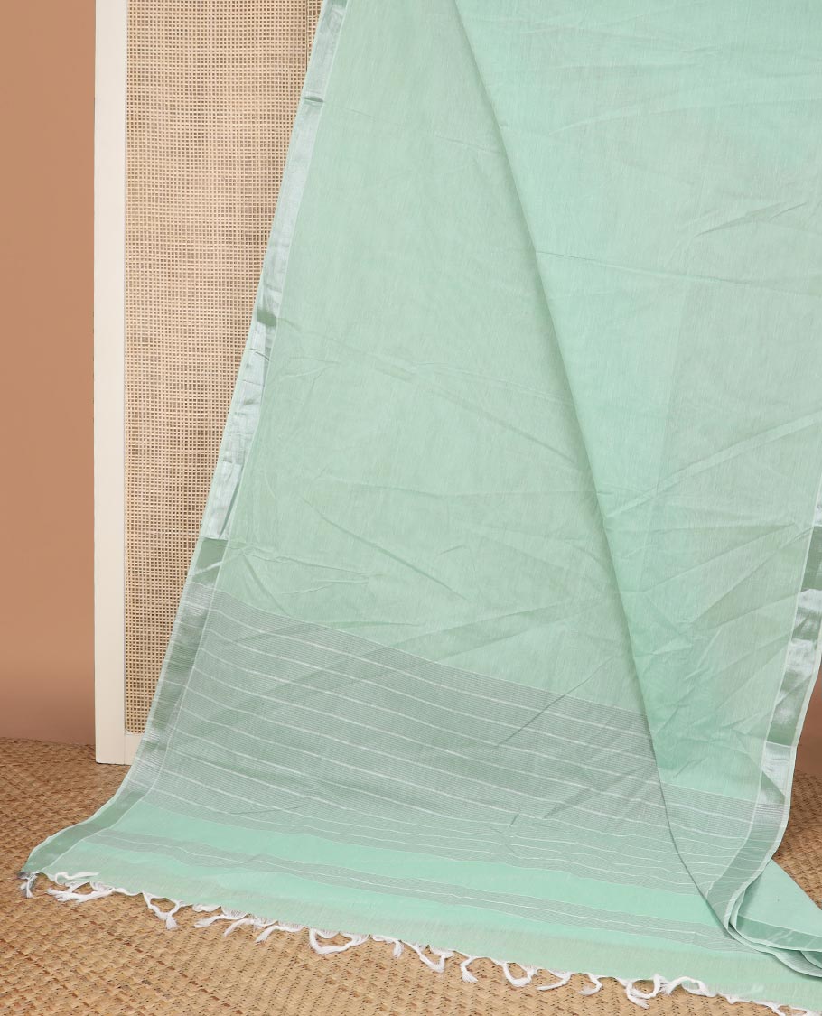 Green plain design jute cotton saree, zari border & striped pallu