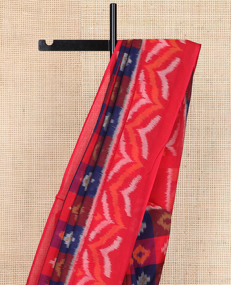 Multi-color butta enclosed checked Pochampally cotton saree, contrast zig-zag design border & triangle motifs steeped pallu