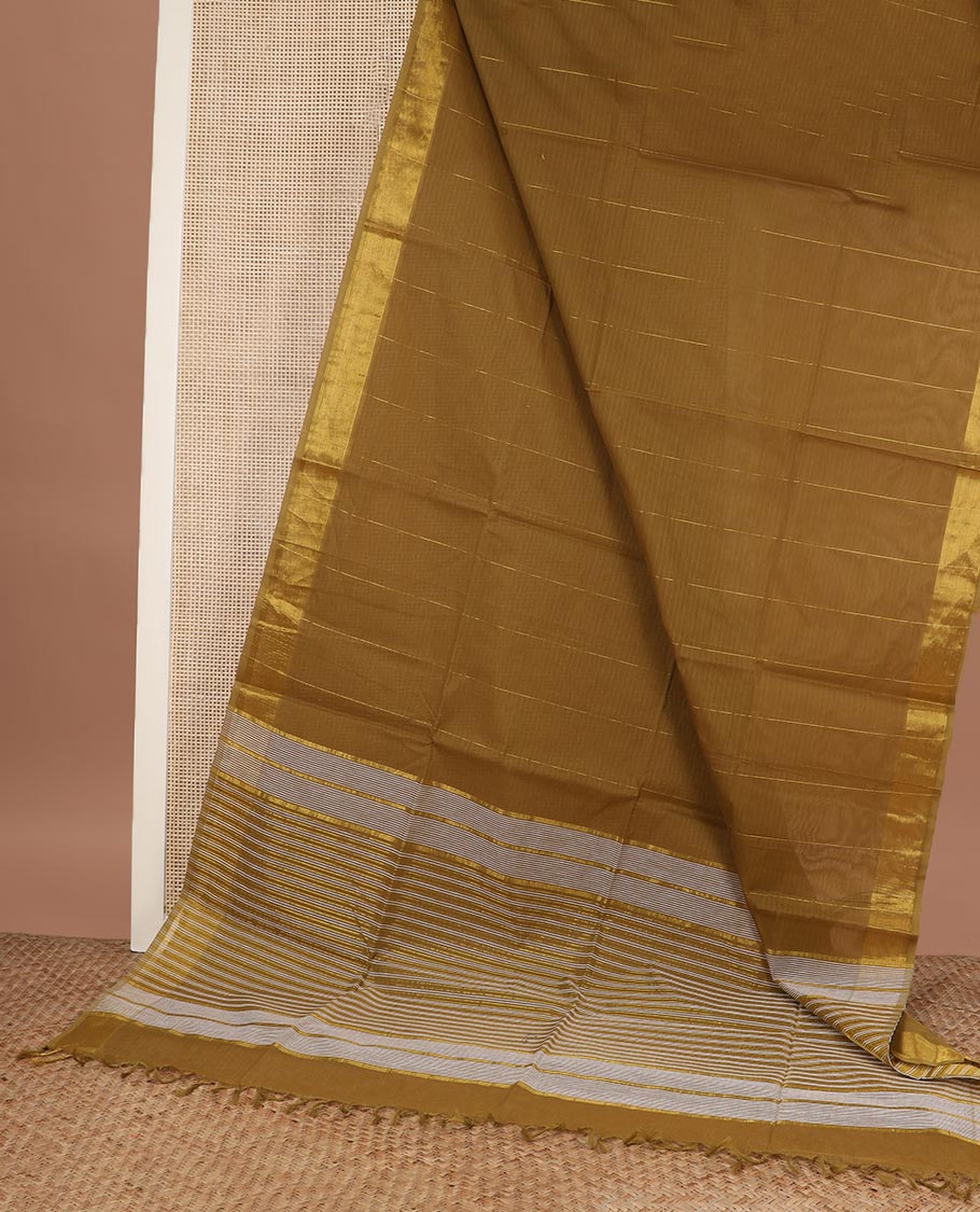 Mustard zari striped jute cotton saree, zari border and striped pallu