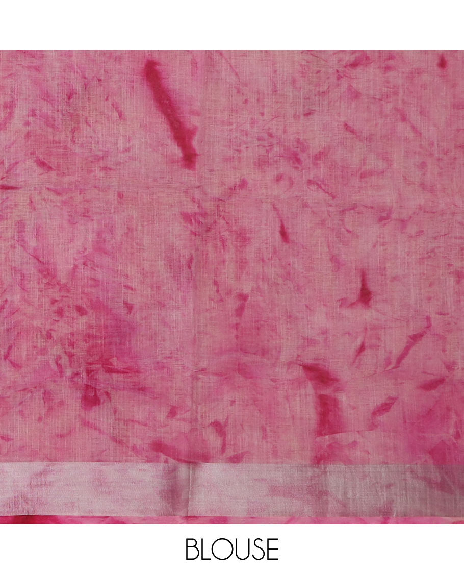 Pink shibori printed with unique motifs cotton saree, zari border and intricate pallu