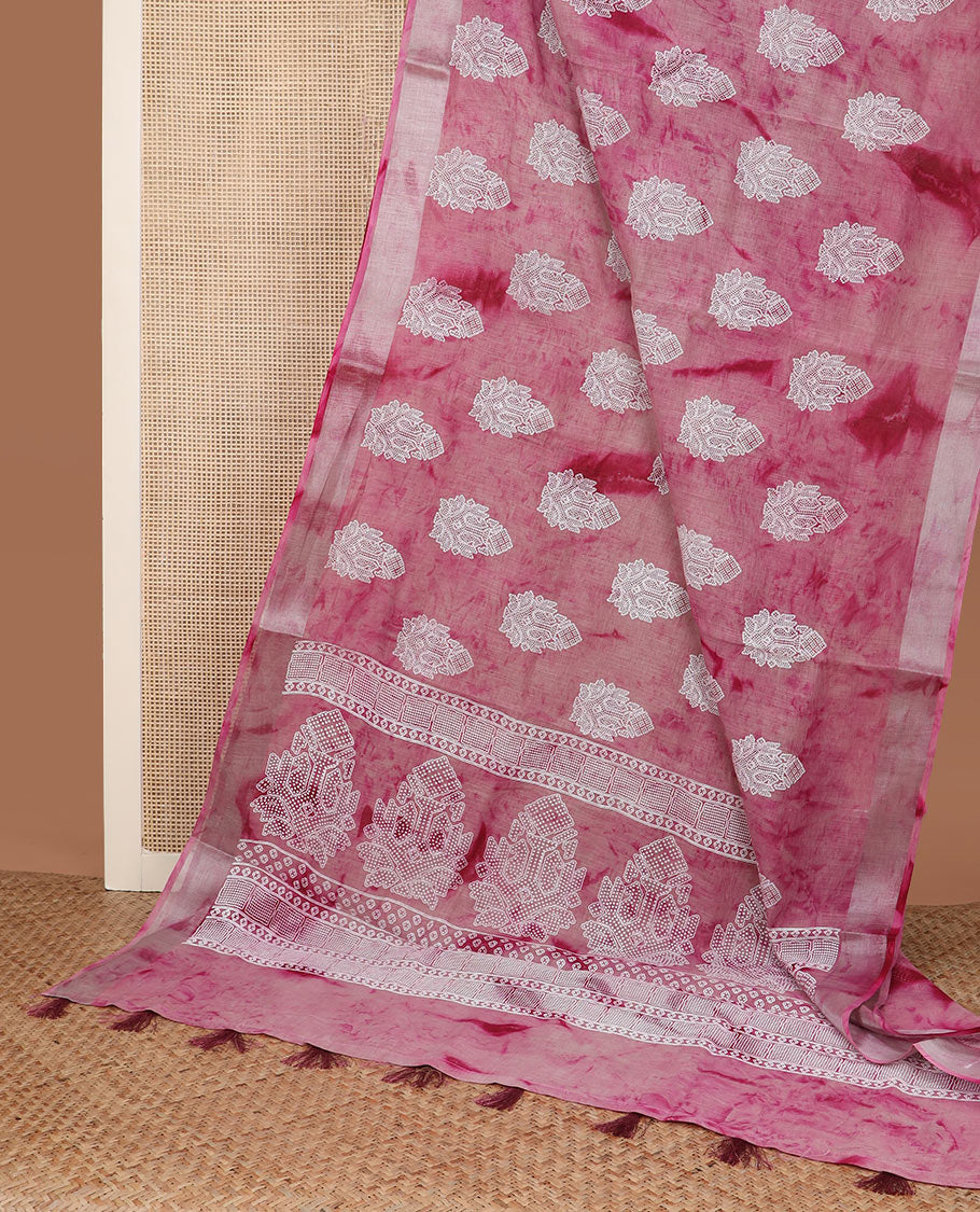 Pink shibori printed with unique motifs cotton saree, zari border and intricate pallu