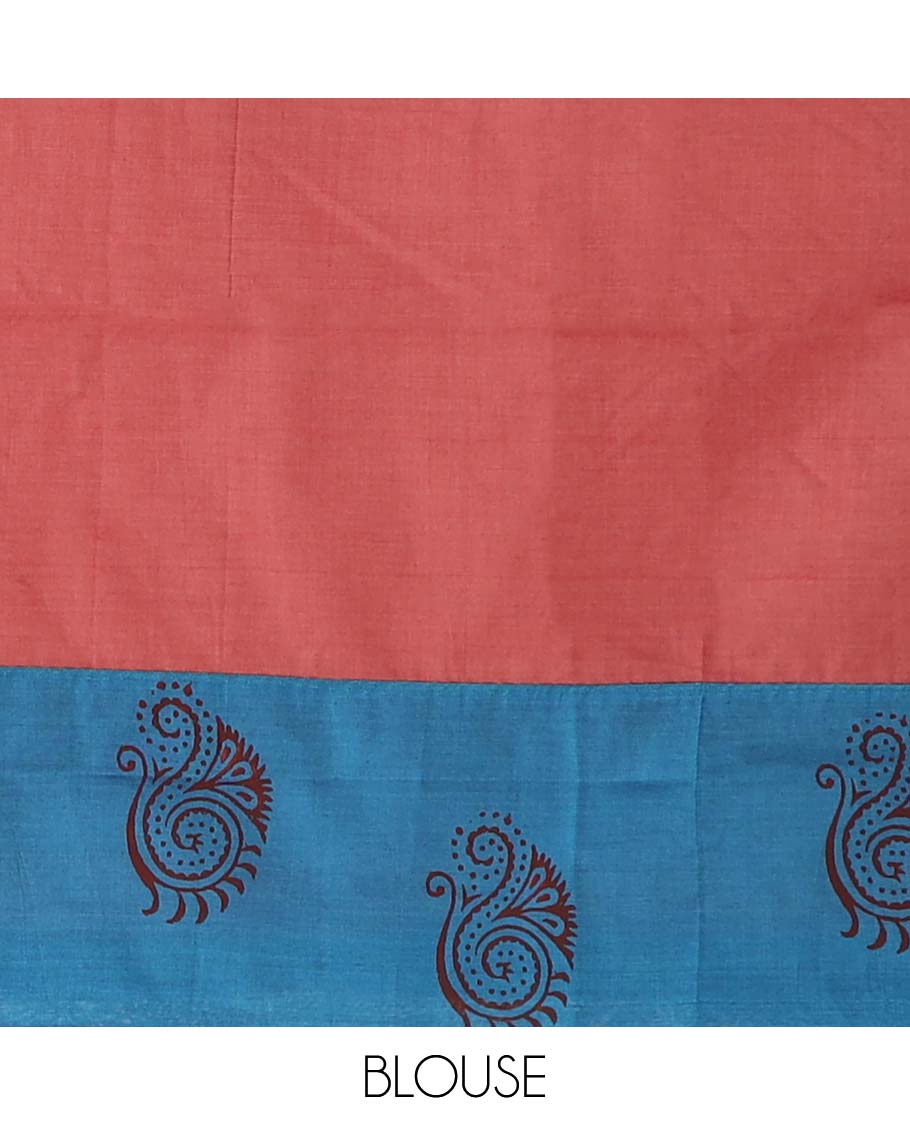 Blue unique motifs printed poly cotton saree, contrast floral printed border, and floral printed pallu