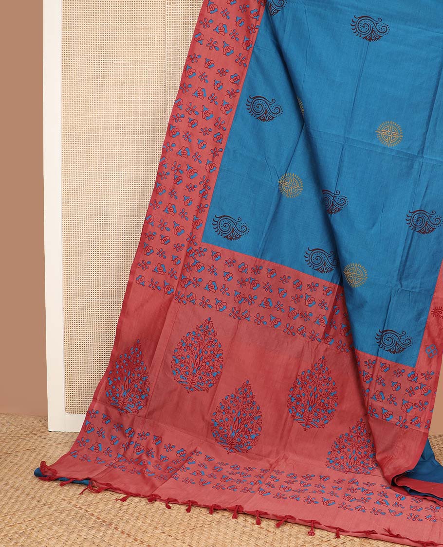 Blue unique motifs printed poly cotton saree, contrast floral printed border, and floral printed pallu