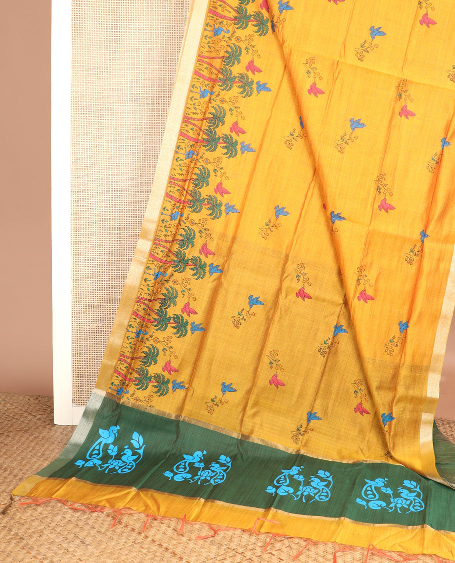 Yellow floral and bird buttas printed chirala cotton saree, bavanji border, and contrast bird print pallu