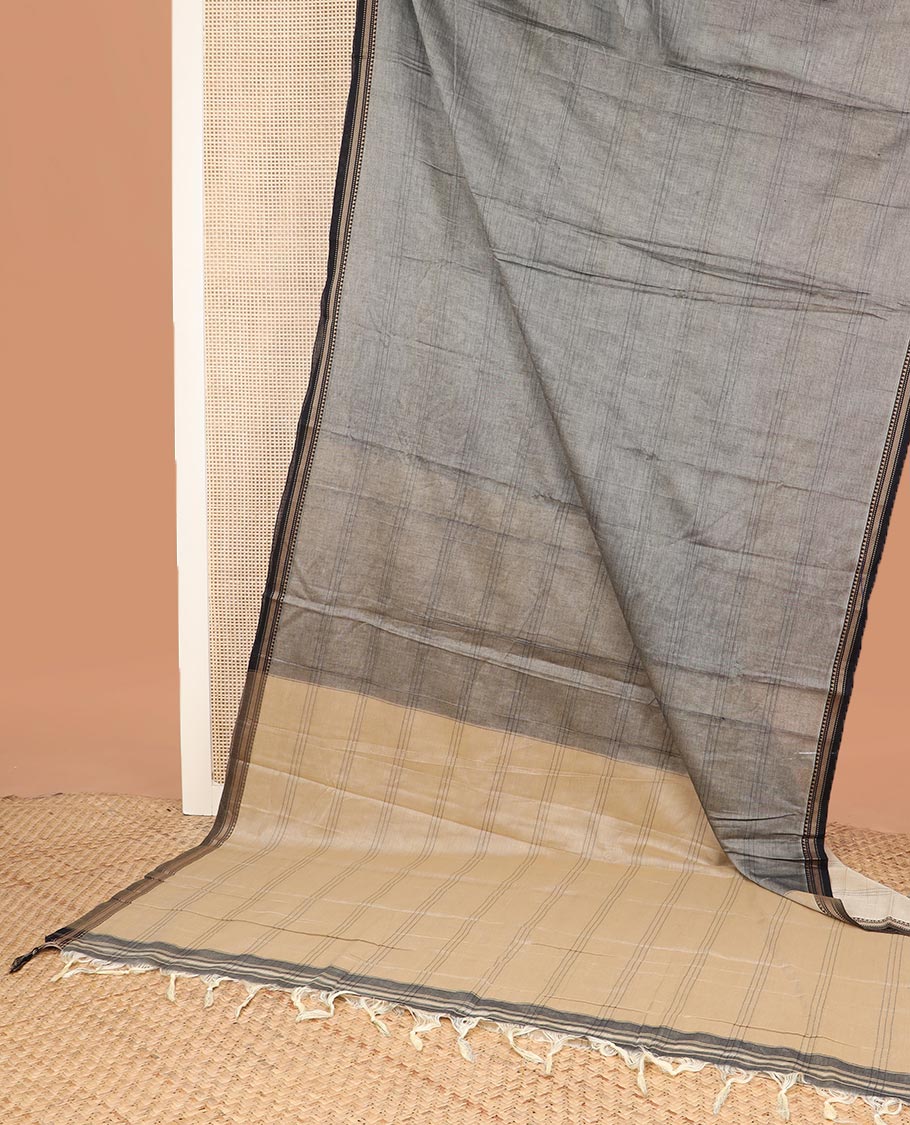 Grey checked Narayanapet cotton saree, contrast traditional thread piping border, and contrast striped pallu