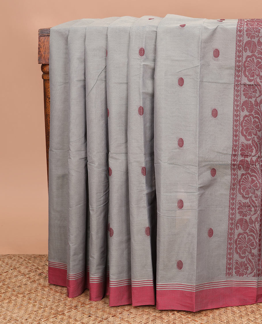 Grey polka dot buttas kanchi cotton saree, contrast border, and intricate design pallu