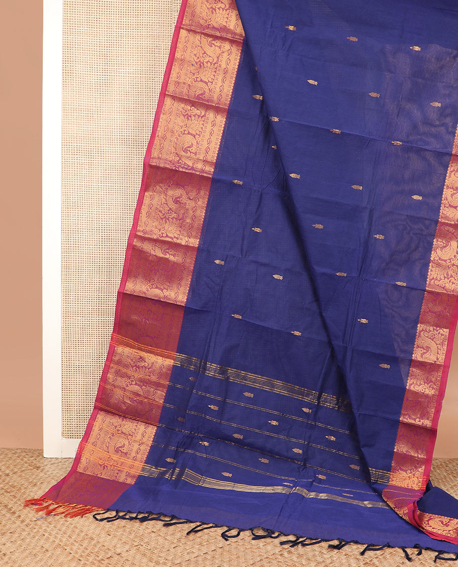 Navy blue buttas Chettinad cotton saree, contrast traditional zari border, and striped pallu