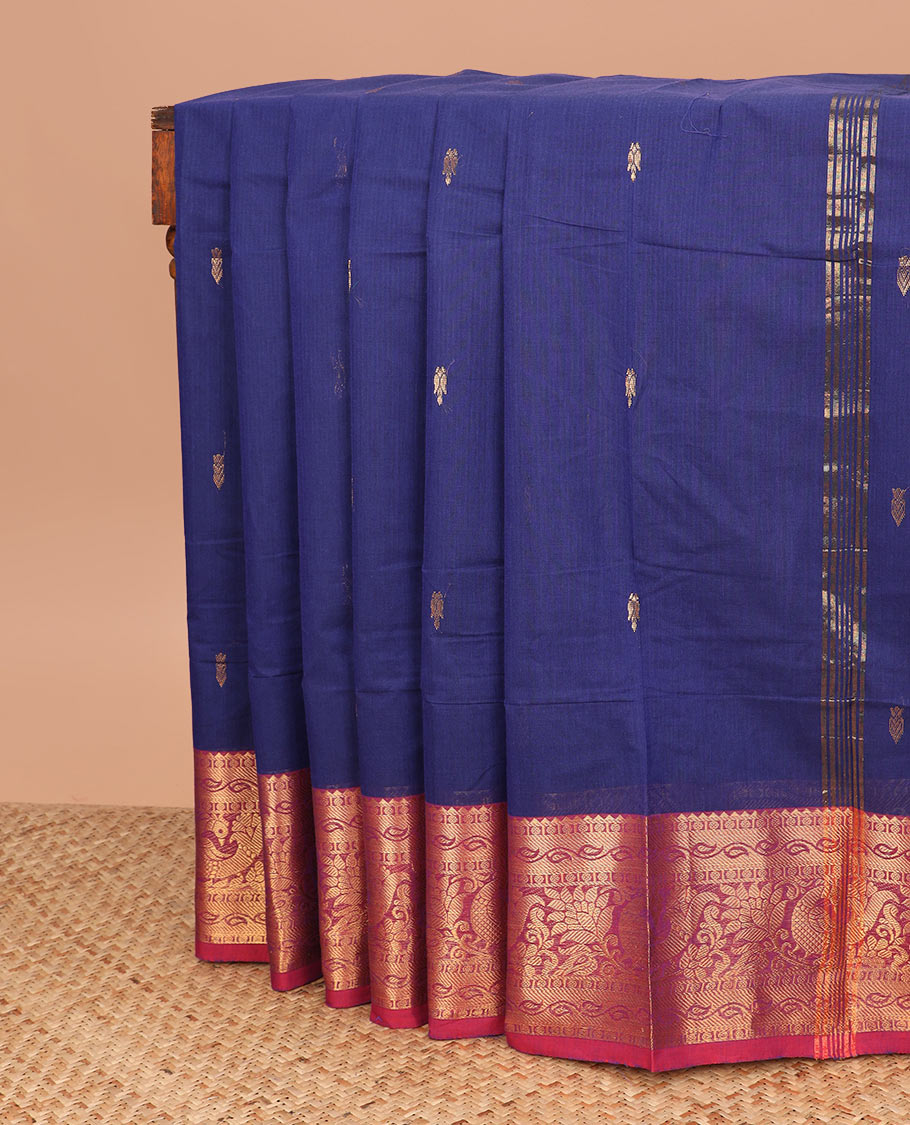 Navy blue buttas Chettinad cotton saree, contrast traditional zari border, and striped pallu