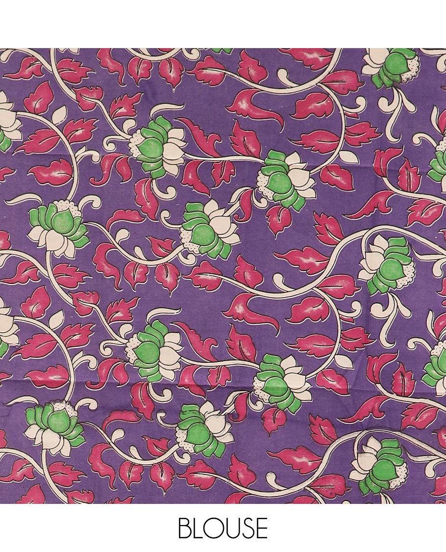 Blue plain Mangalagiri cotton saree with temple zari border of horizontal stripes, striped pallu, and a contrast kalamkari floral printed blouse