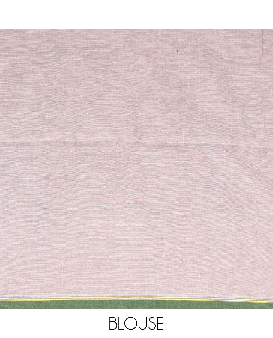 Pastel pink ikkat-style diamond buttas Khadi cotton saree, contrast plain border, and pallu of thread woven jamdani floral designs