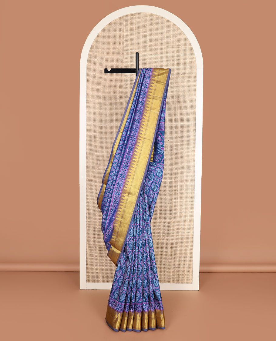 Blue floral motif enclosed jaal semi-banaras patola silk saree, temple border, and pallu of floral motifs print