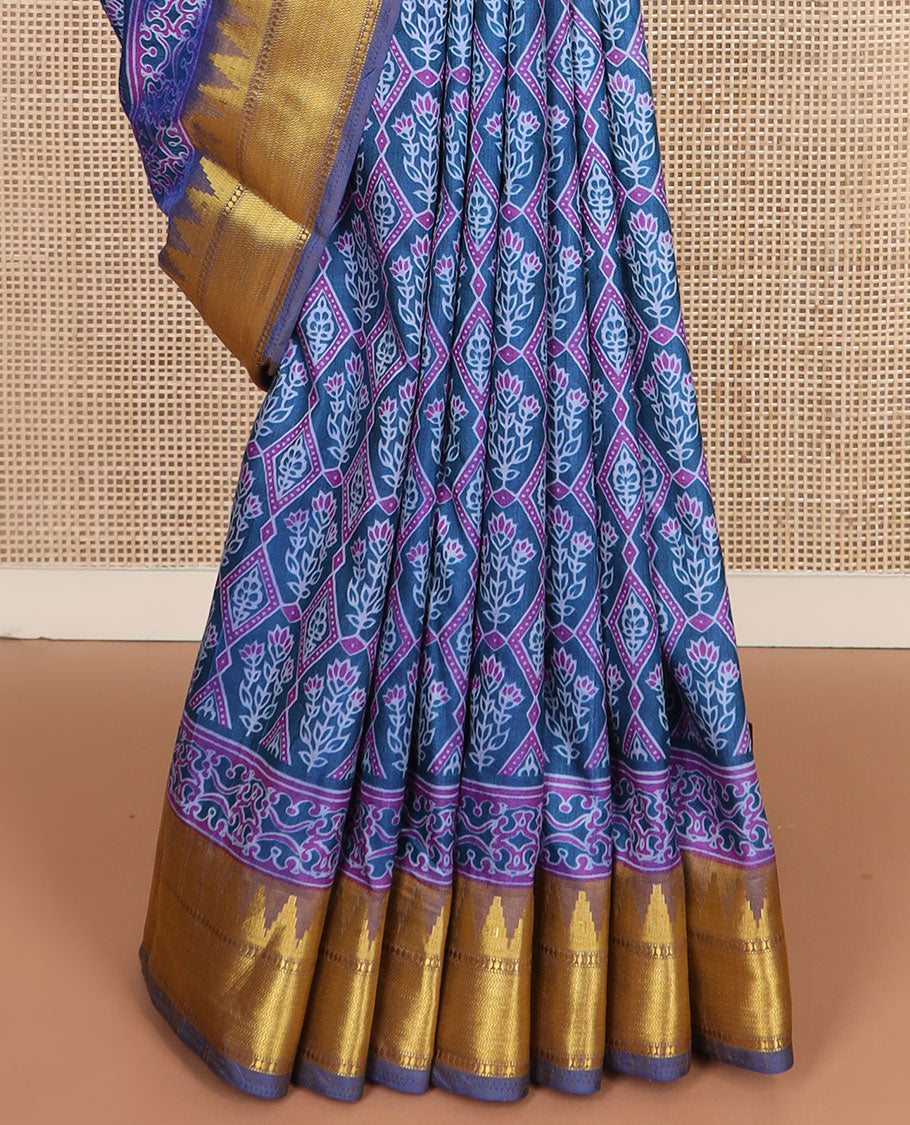 Blue floral motif enclosed jaal semi-banaras patola silk saree, temple border, and pallu of floral motifs print