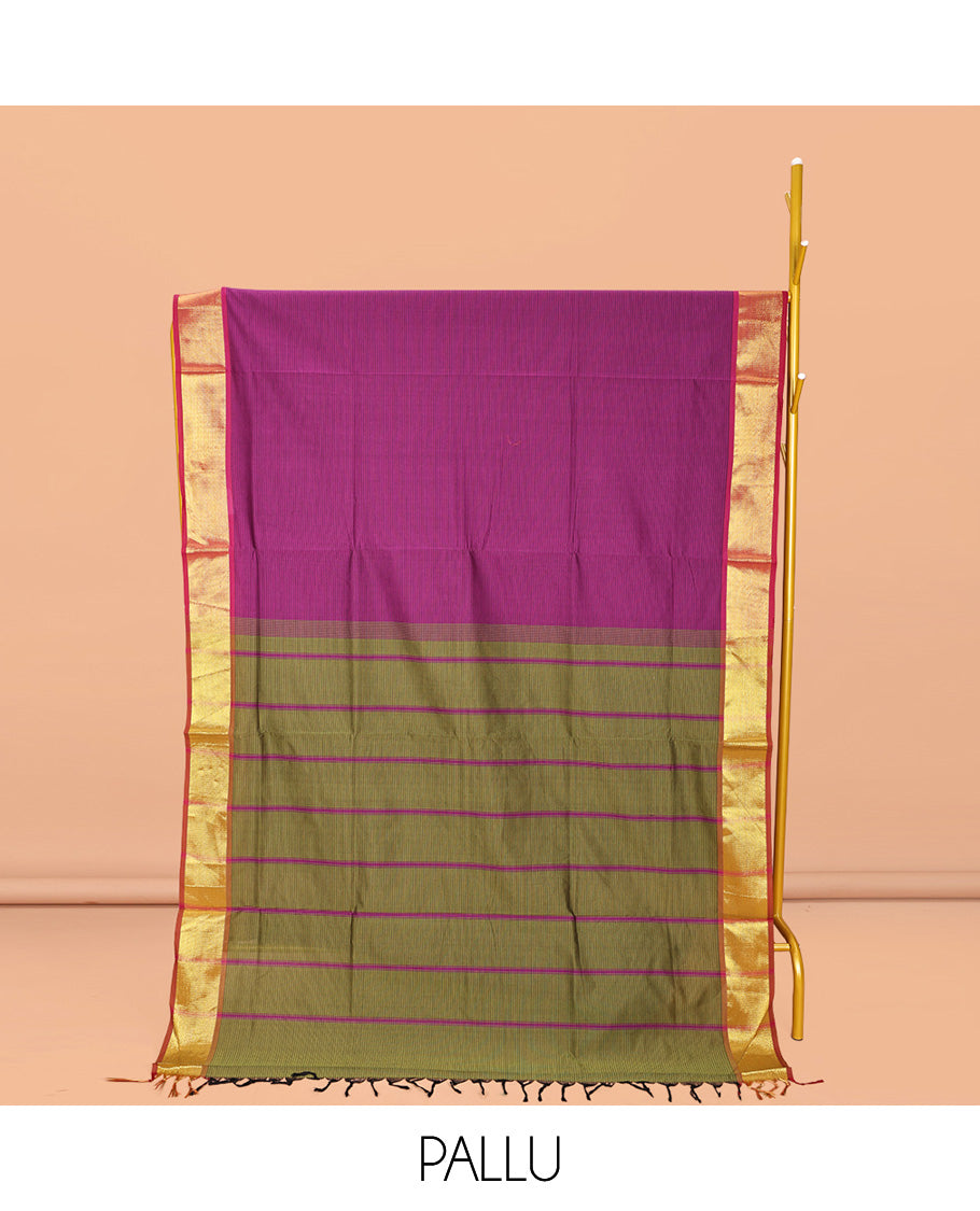Purple Poly Cotton Saree, Sparsely Sparkled with Stripes On Its Body, Complemented by a Contrast Zari Border, Contrast Striped Pallu, and Paired with a Contrast Blouse