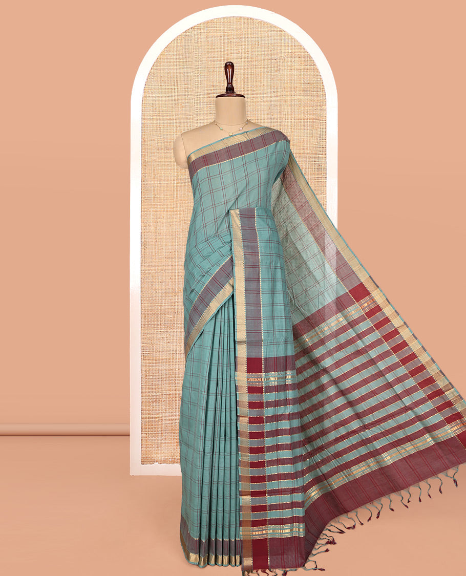 Green Mangalgiri Cotton Saree, Adorned with Checked Design on Its Body, Complemented by Contrast Temple Border, Zari Striped Pallu, and Paired with Contrast Blouse