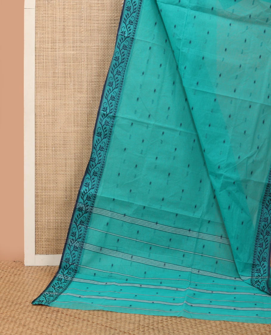 Blue buttas Bengal cotton saree, thread border of floral creeper & paisleys, & pallu of stripes & buttas