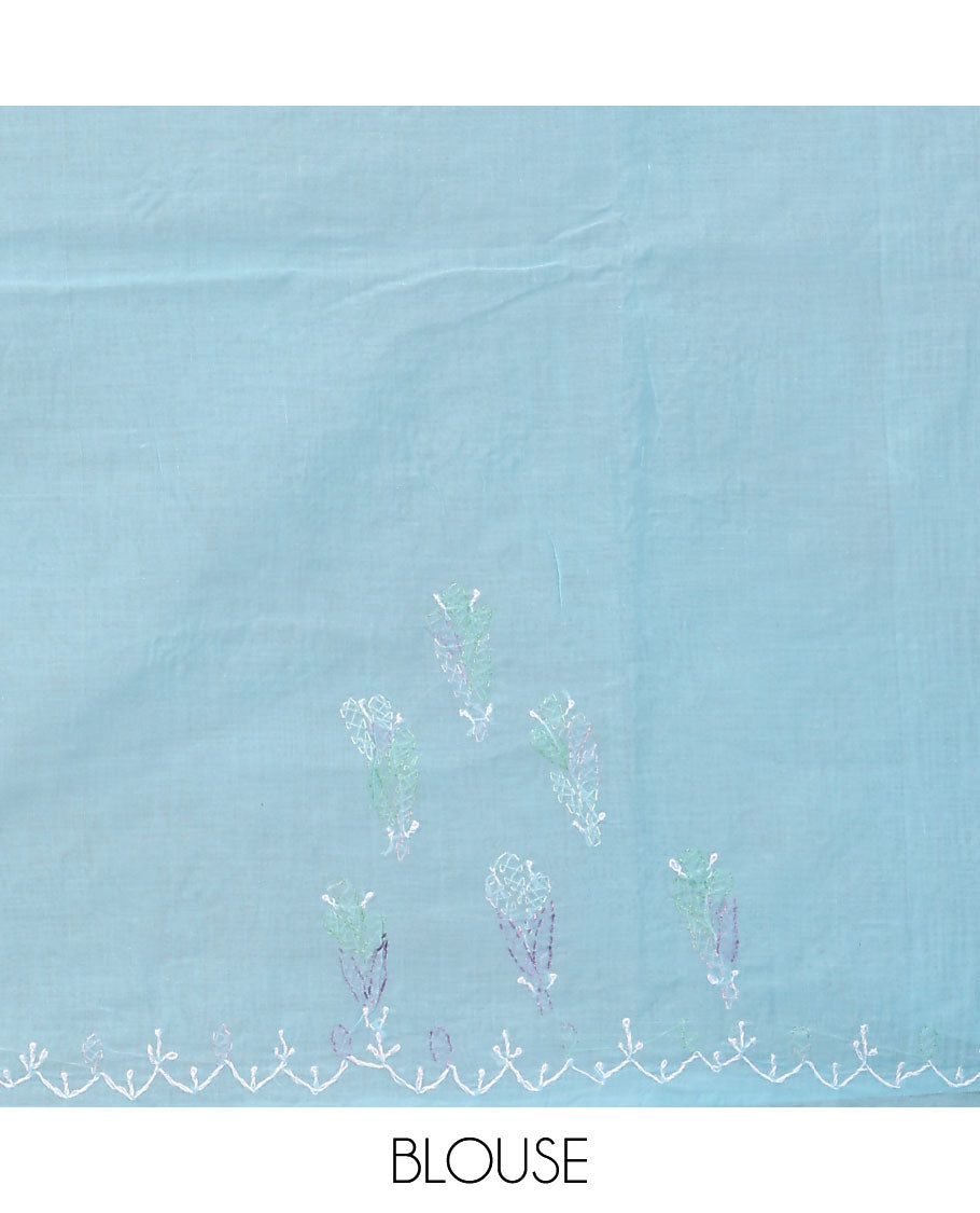 Blue colorful embroidered buttas Lucknowi chikankari saree, thread embroidered border, and floral-paisley motifs embroidered pallu