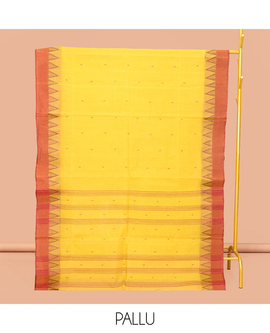 Yellow Bengal Cotton Saree, Adorned with Thread Buttas, Contrast Temple Border, Pallu of Stripes and Buttas, and Matching Blouse