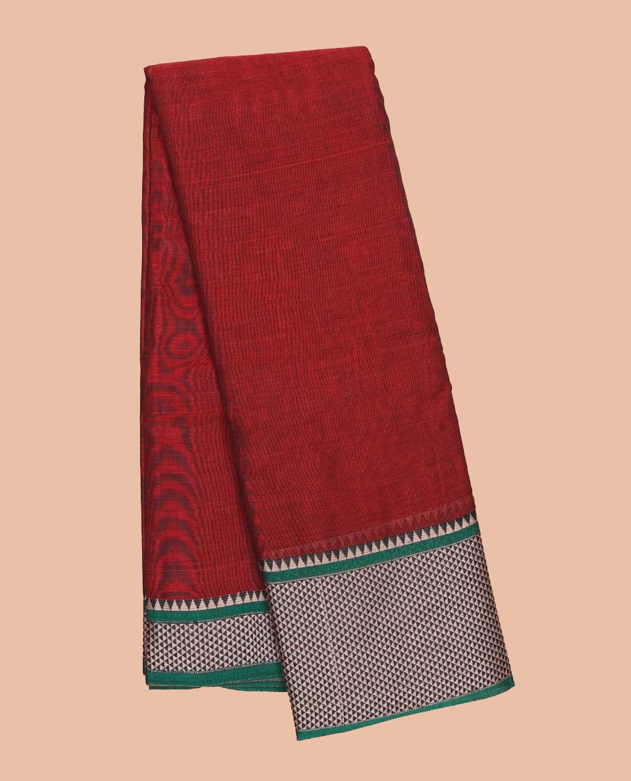 Red plain design Narayanapet cotton saree, contrast traditional design border & striped pallu