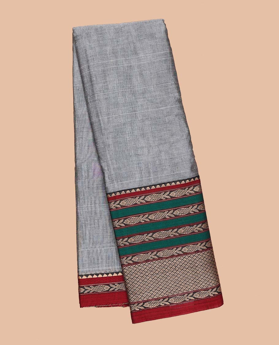 Grey plain Narayanapet cotton saree, contrast traditional design border & striped pallu