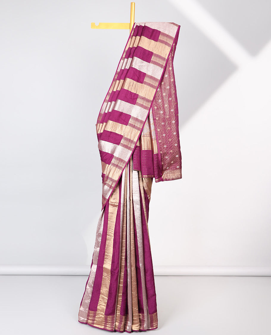 Purple striped semi-banaras dola silk saree with self zari border & intricate zari design pallu