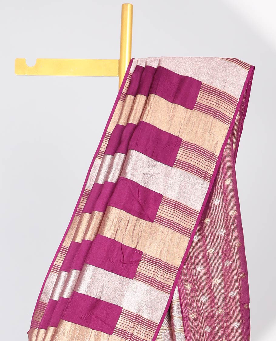 Purple striped semi-banaras dola silk saree with self zari border & intricate zari design pallu