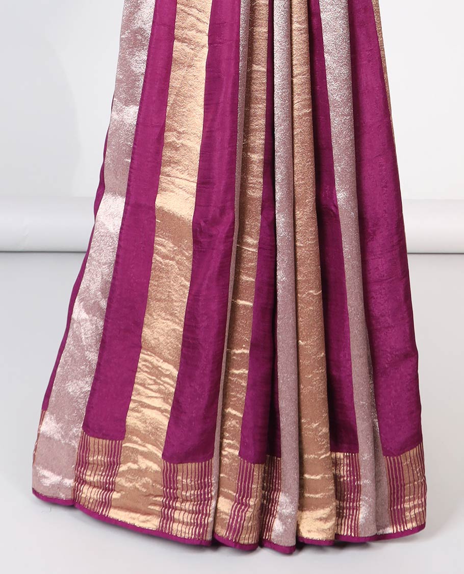Purple striped semi-banaras dola silk saree with self zari border & intricate zari design pallu