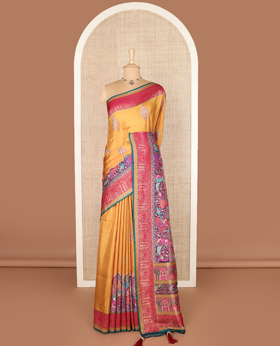 Mustard meenakari floral bouquet and Mughal style motifs dola silk saree, contrast border, and pallu steeped with meenakari motifs
