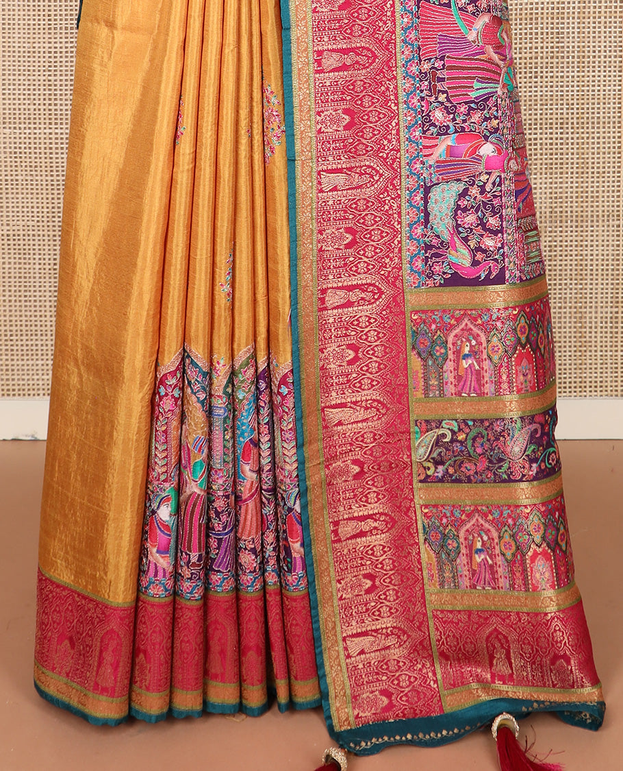 Mustard meenakari floral bouquet and Mughal style motifs dola silk saree, contrast border, and pallu steeped with meenakari motifs