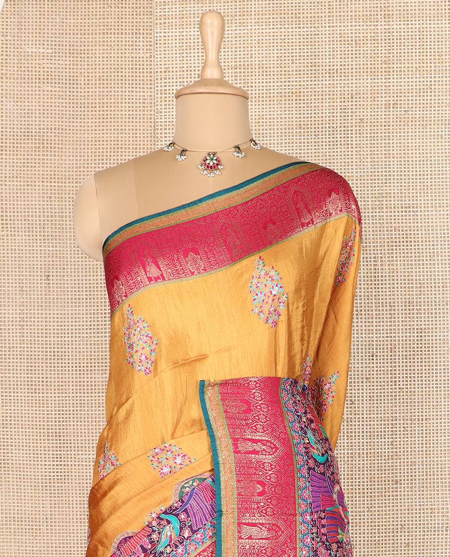 Mustard meenakari floral bouquet and Mughal style motifs dola silk saree, contrast border, and pallu steeped with meenakari motifs