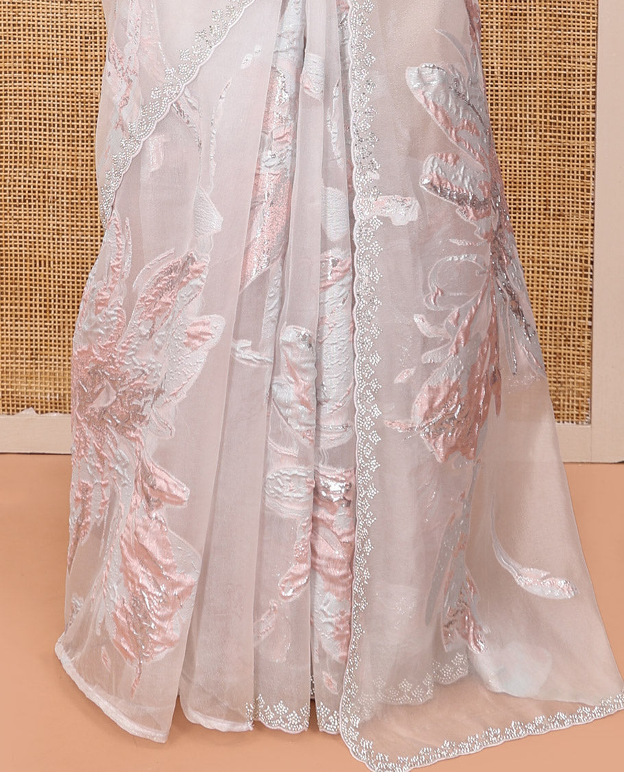 Silver Grey Turkey Organza Saree, Crafted with Floral-themed Rose Gold Threadwork, Swarovski Stonework Border, and Matching Blouse