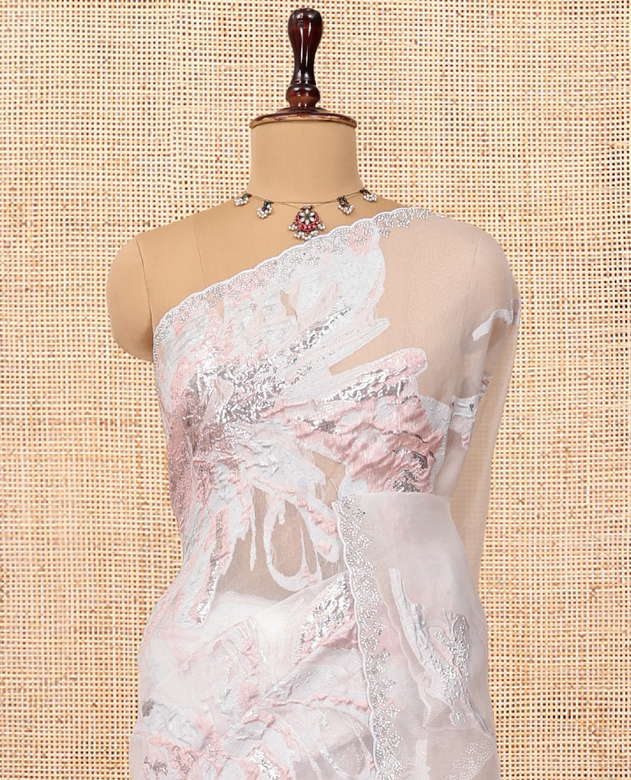 Silver Grey Turkey Organza Saree, Crafted with Floral-themed Rose Gold Threadwork, Swarovski Stonework Border, and Matching Blouse