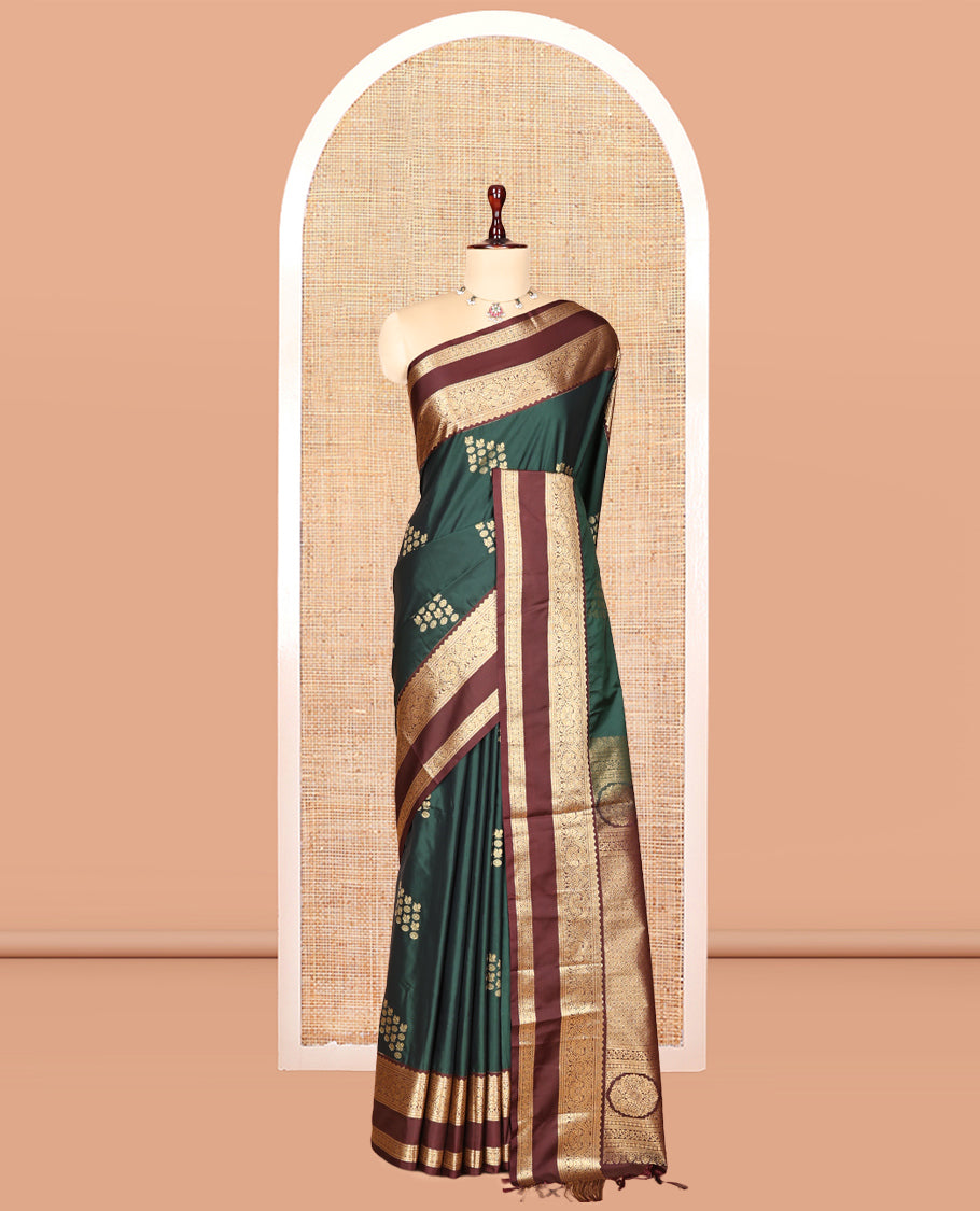 Green Budget Silk Saree Features Buttas, Contrast Rettai Pettu Border, Grand Pallu, Contrast Blouse