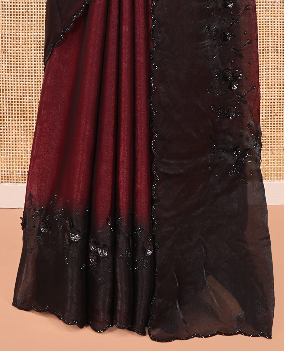 Maroon Designer Saree, Finely Crafted with Floral Sequins Embroidered On Its Body, Complemented by Contrast Scallop Border, and Paired with a Contrast Embroidered Blouse