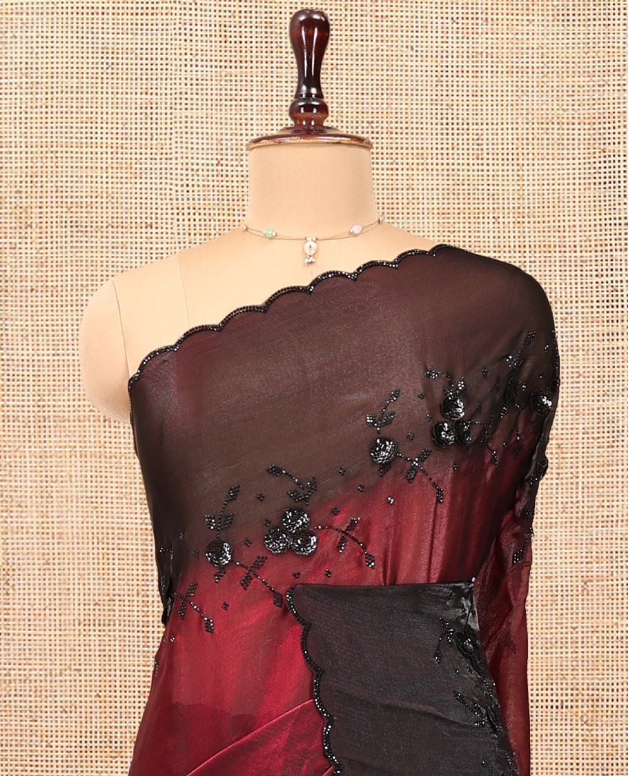 Maroon Designer Saree, Finely Crafted with Floral Sequins Embroidered On Its Body, Complemented by Contrast Scallop Border, and Paired with a Contrast Embroidered Blouse