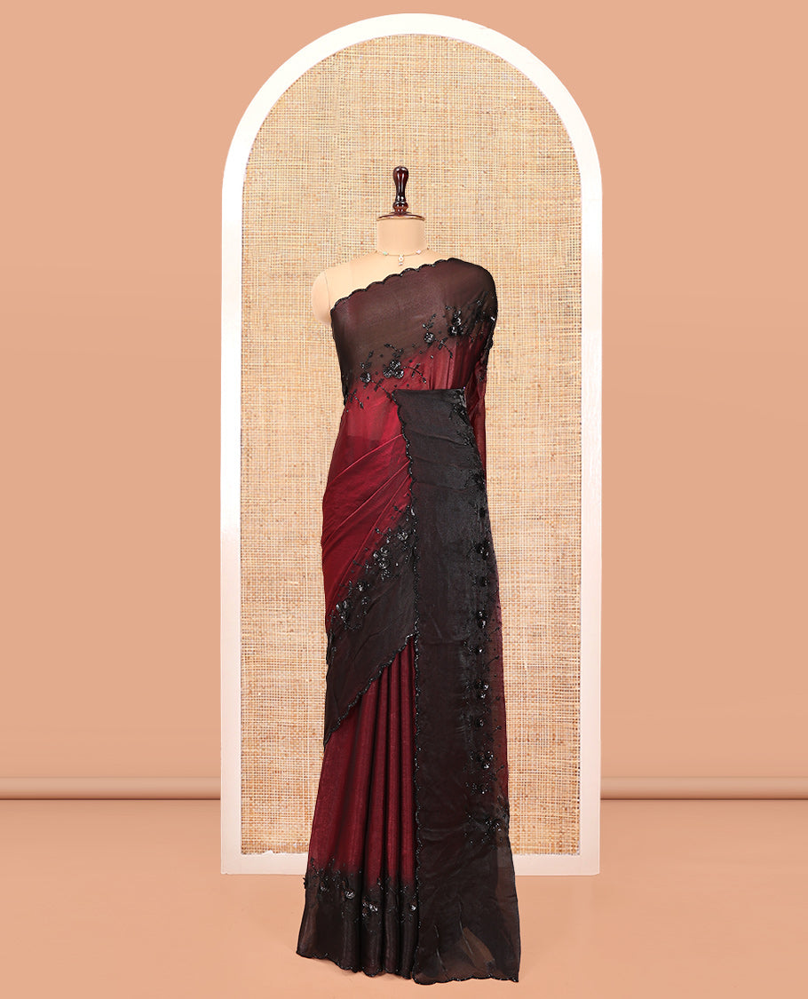Maroon Designer Saree, Finely Crafted with Floral Sequins Embroidered On Its Body, Complemented by Contrast Scallop Border, and Paired with a Contrast Embroidered Blouse