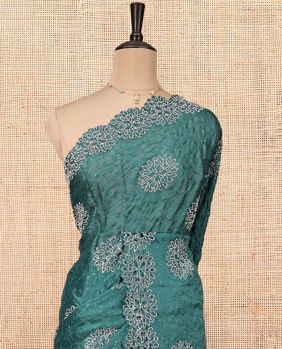 Green Designer Saree Featuring Floral Vine Embroidered and Stone Work All Over Its Body, a Scallop Cut-Embroidered Border, and Matching Blouse